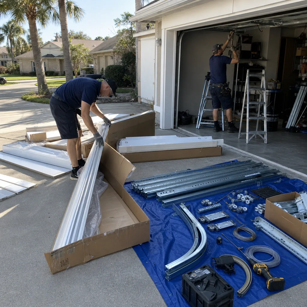 Two professional technicians performing a residential garage door installation