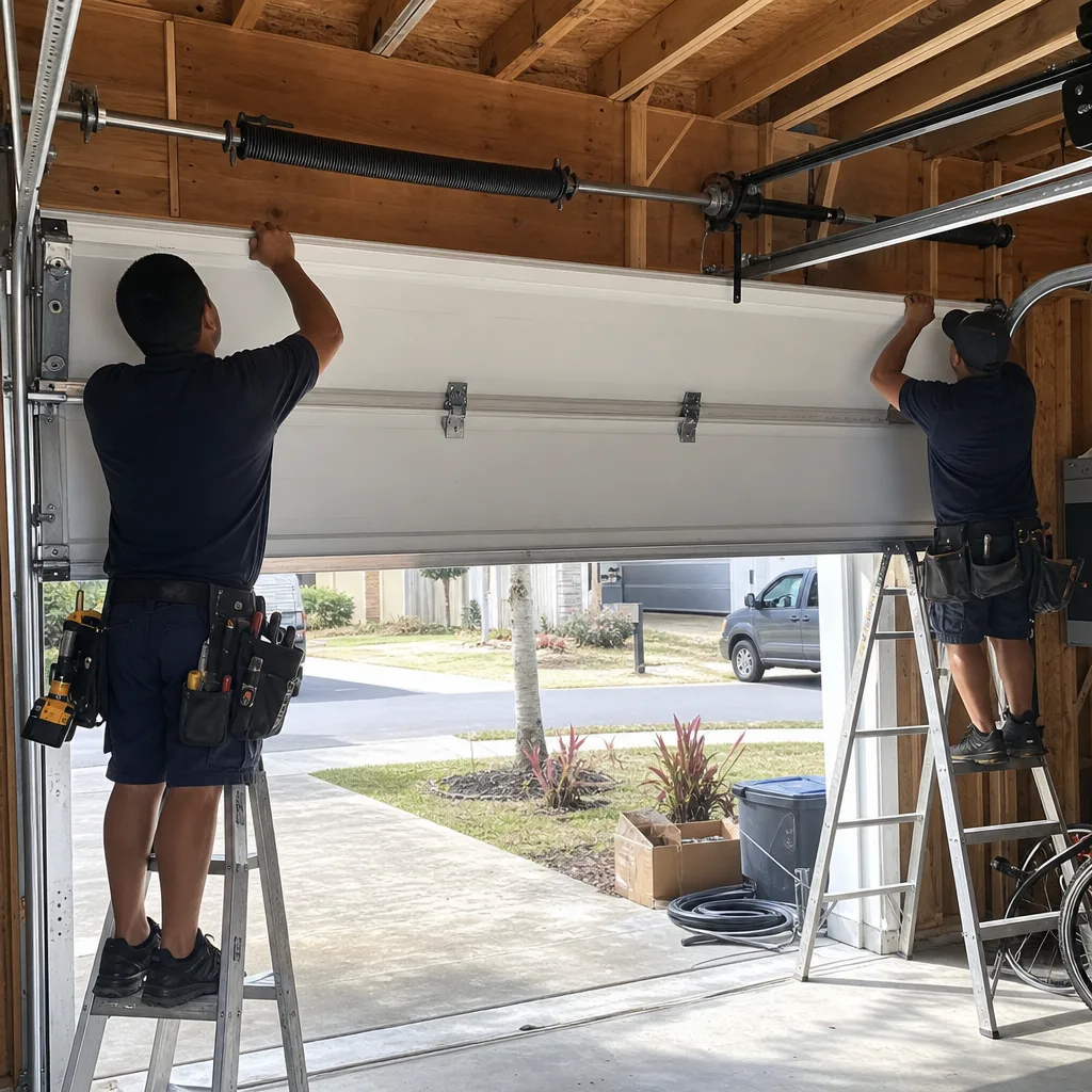 Two professional technicians performing a garage door installation service