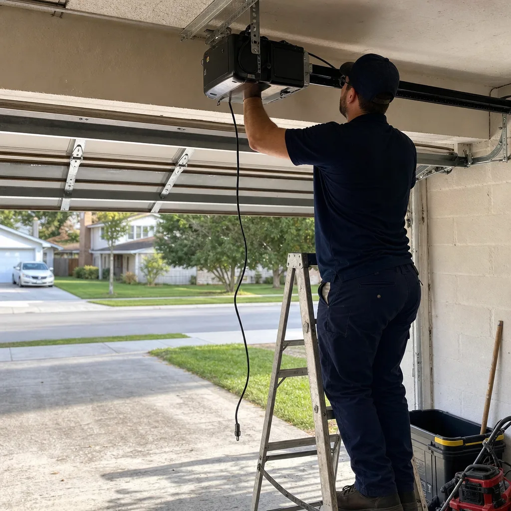 Technician performing professional garage door opener repair and installation