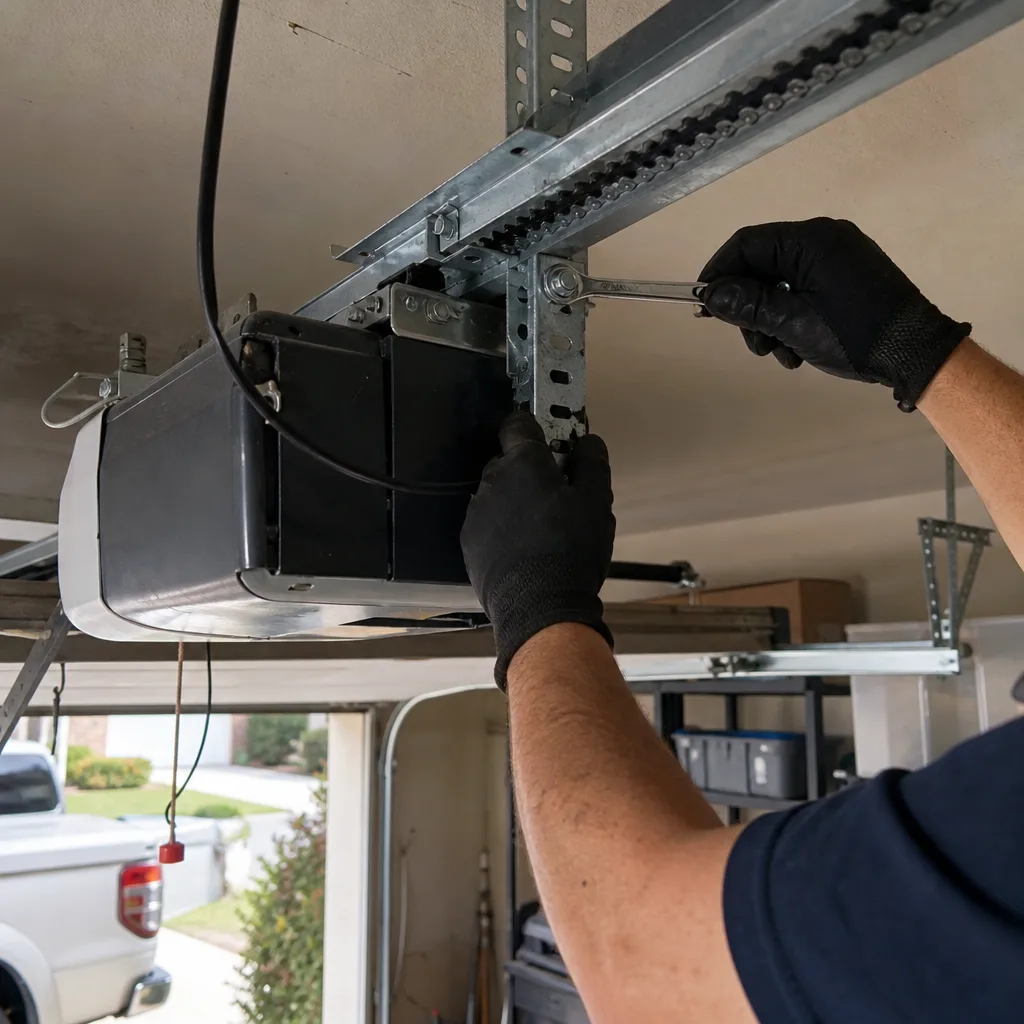 Technician performing professional garage door opener repair and installation