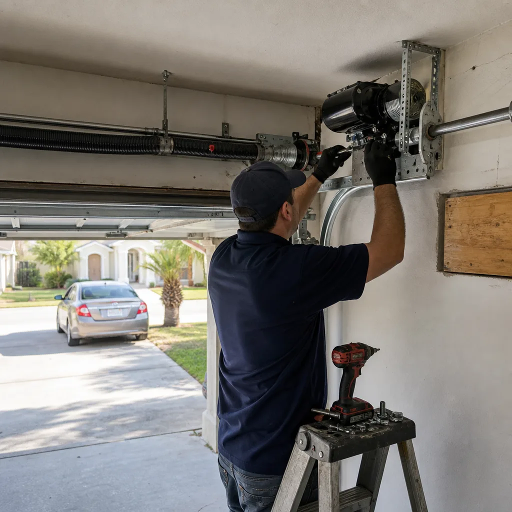Technician performing professional garage door opener repair and installation services