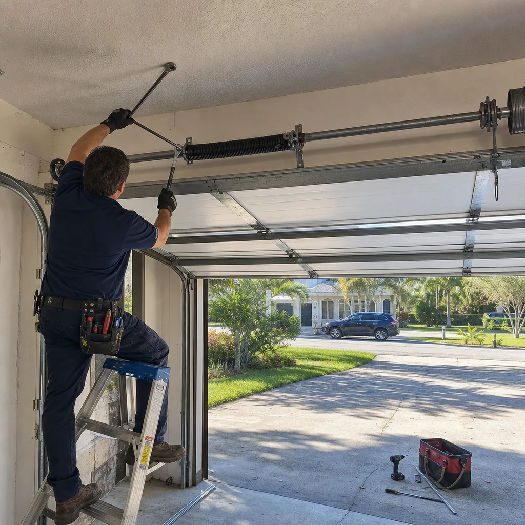 Technician performing professional garage door spring repair and maintenance